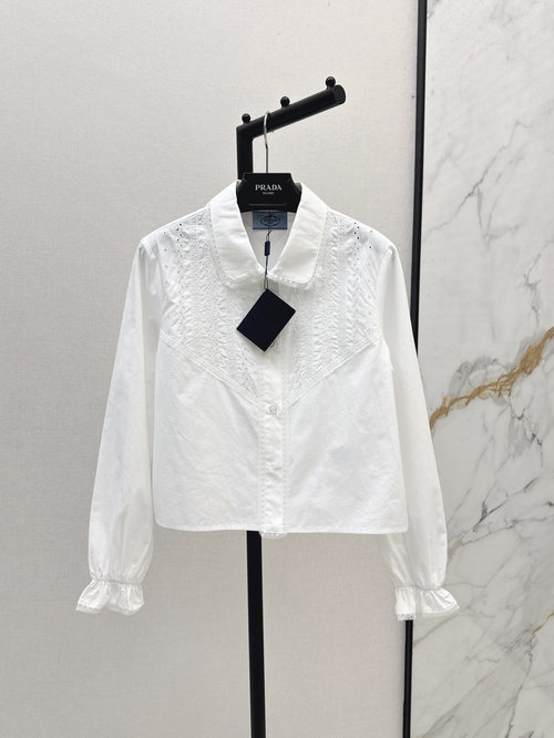 Prada South French-Style Lace Long-Sleeve Shirt with Floral Embroidery