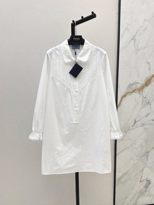 Prada South French Style Lace Long-Sleeve Shirt Dress with Floral Embroidery