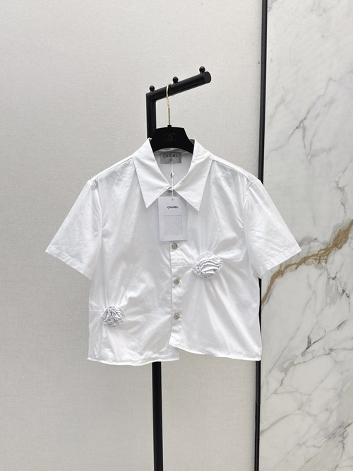 Chanel Romantic French Short-Sleeve Shirt with 3D Flowers