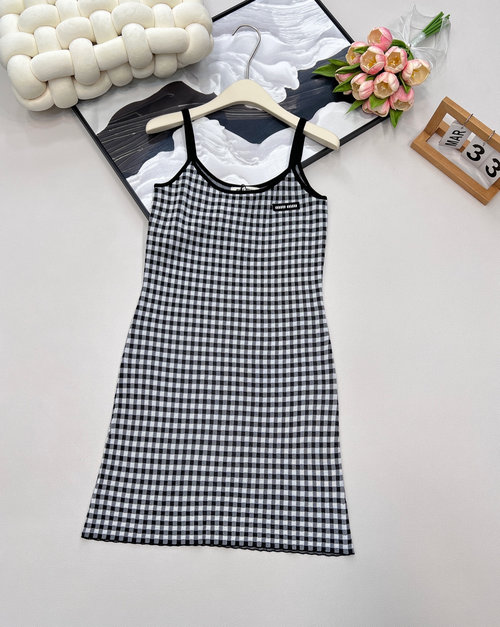 Miu Miu Checked Knit Sling Dress with Logo for Elegant Appearance
