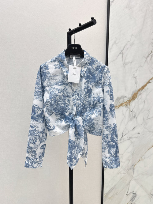 Dior Vacation Series Tie Long-Sleeved Short Shirt with Jungle Pattern, Made of Cotton Fabric