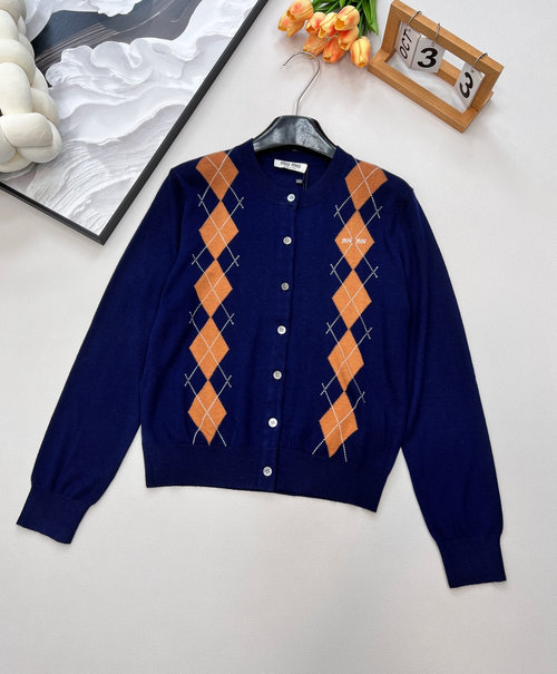 Miu Miu Knitted Cardigan, Geometric Patterns, Letter Embroidery
