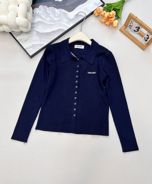 Miu Miu Solid Color Collared Knit Cardigan, Embroidered Logo, Versatile Style
