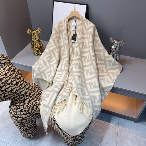 Dior Cashmere Shawl with FF Jacquard & Tassels, Apricot Hue