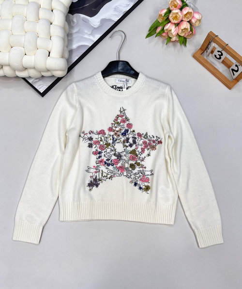 Dior Oversize Knit Sweater with Star and Flower Embroidery