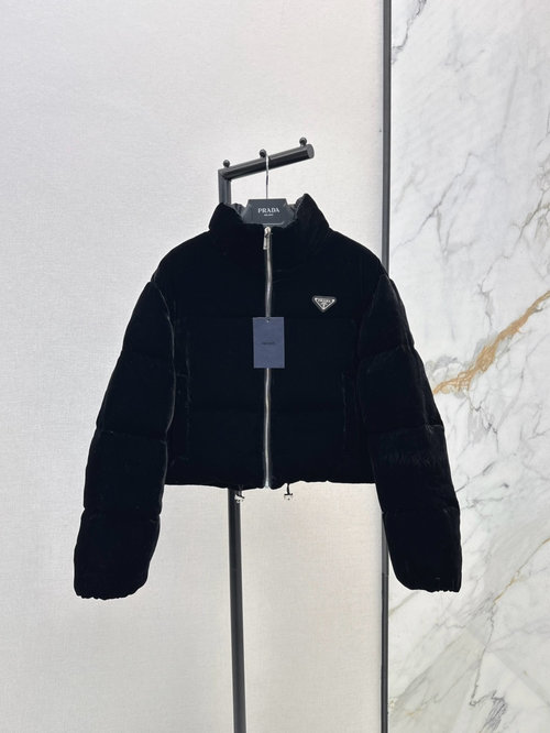 Prada Velvet-Collared Short Down Jacket with Classic H Shape