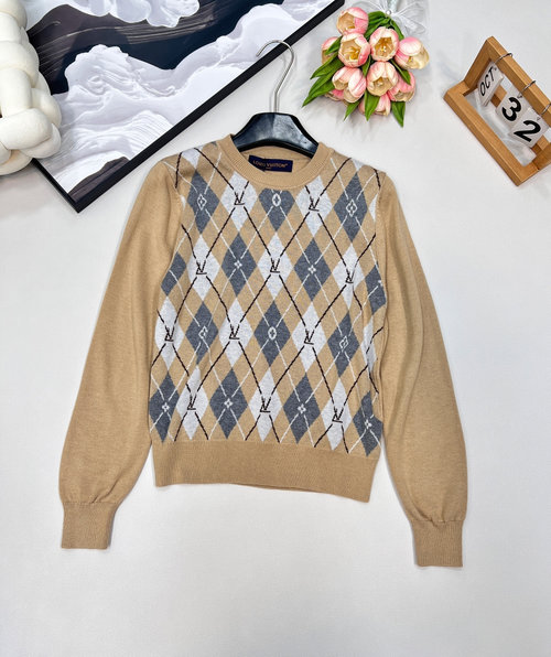 Louis Vuitton Spliced Checkered Long-Sleeved Jacquard Sweater