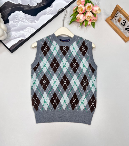 Louis Vuitton Soft Wool Fabric Contrast Checked Round-Neck Vest