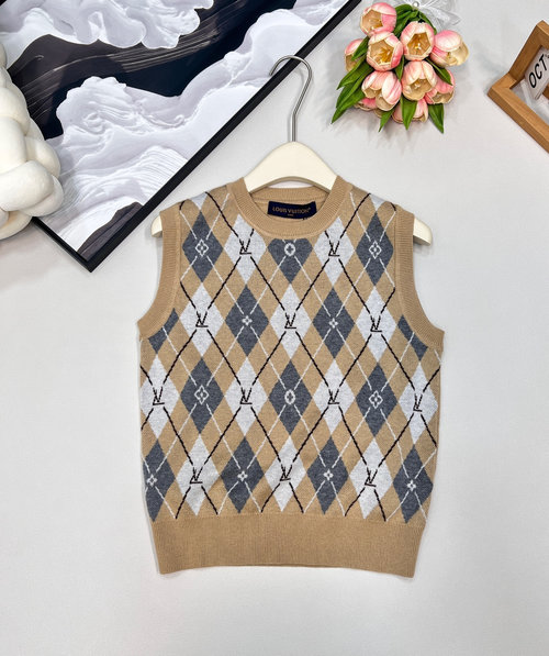 Louis Vuitton Soft Wool Fabric Contrast Checked Round-Neck Vest