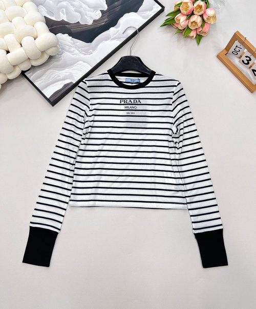 Prada Elastic Striped Bodysuit with Logo in Tencel Wool