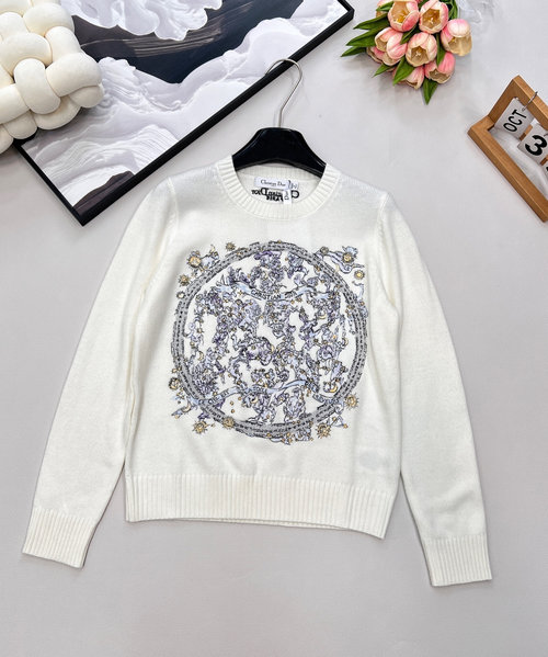 Dior Soft Wool Knit Top with Blue Embroidery and Round Neck