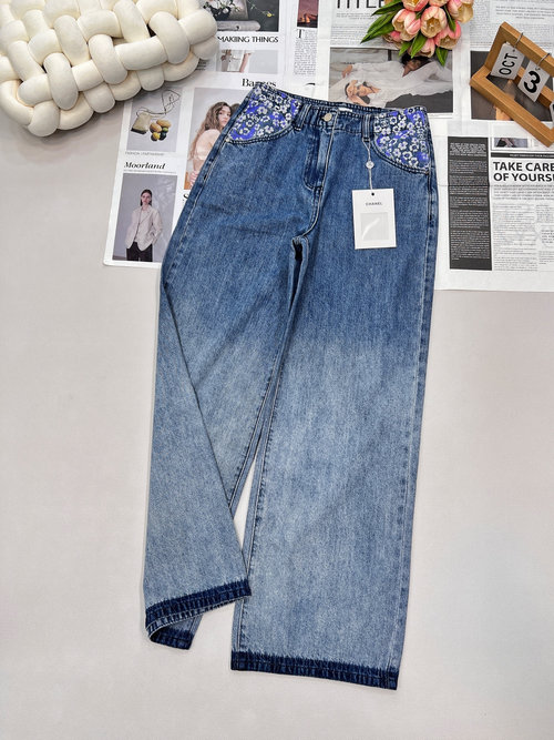 Chanel Straight Leg Jeans with Pocket Camellia and Gradient Cuff