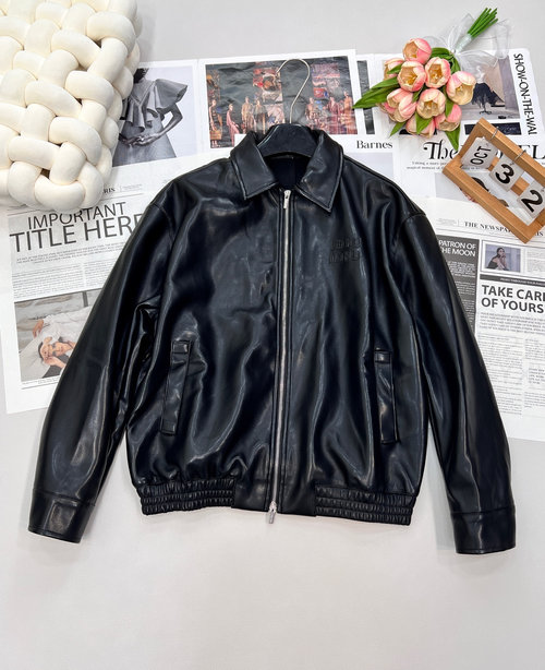 Miu Miu Zippered Leather Jacket and Skirt Set with Brand Embroidery