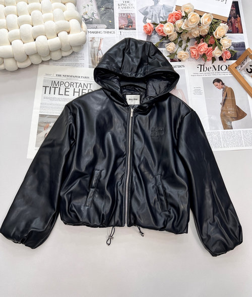 Miu Miu Hooded Leather Down Jacket with Custom Zippers and Drawstring Hem