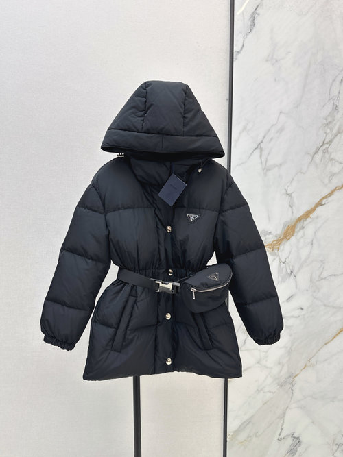 Prada Waist-Contracted Down Jacket Boasting a Customized Triangle Logo