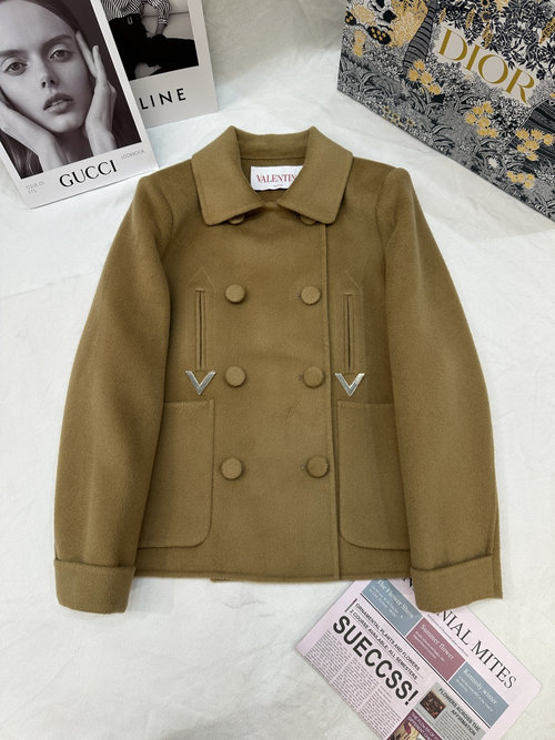 Valentino Double-Faced Cashmere Cropped Coat with Golden V Buckle Design