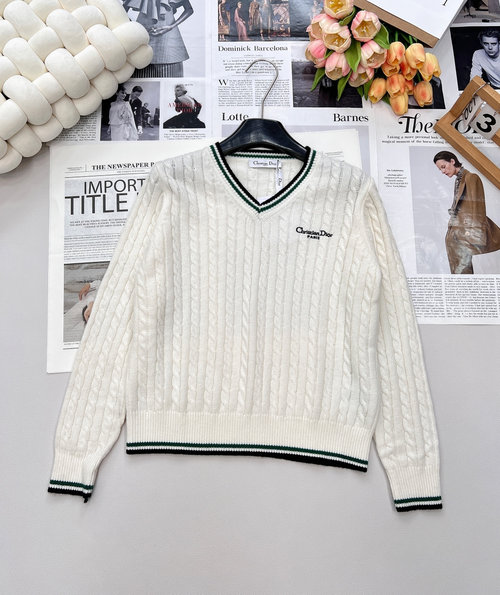 Dior White V-Neck Sweater with Green Trim, Twisted Knit & Embroidery