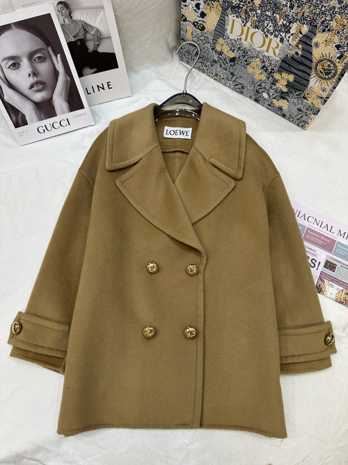 Loewe Double-Sided Cashmere Mid-Length Coat with Large Turn-Down Collar and YB Logo