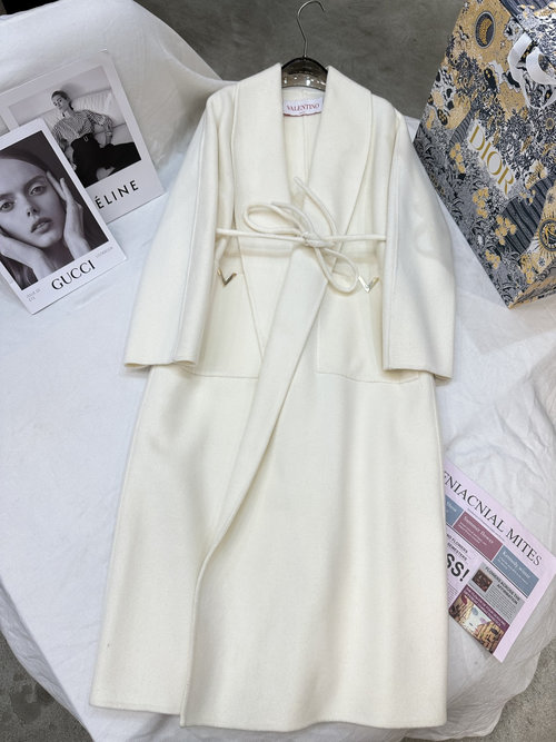 Valentino Double-Faced Cashmere Long Coat with Golden V Buckle Design