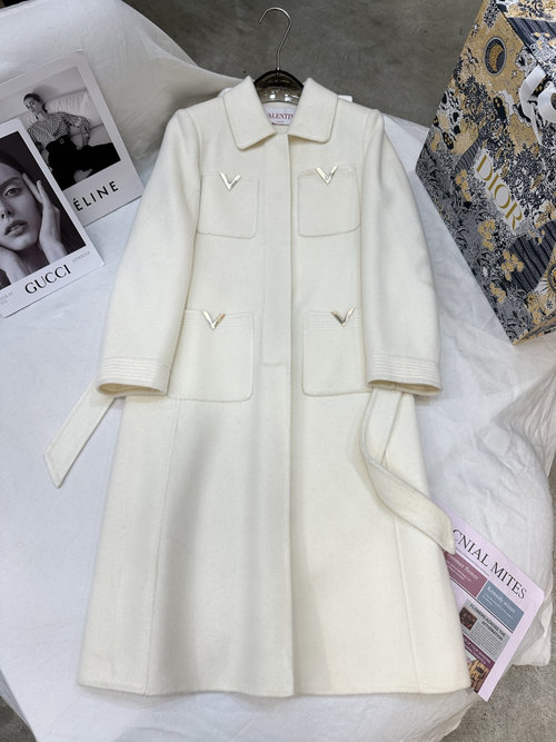 Valentino Double-Faced Cashmere Long Coat with Golden V Buckle Design