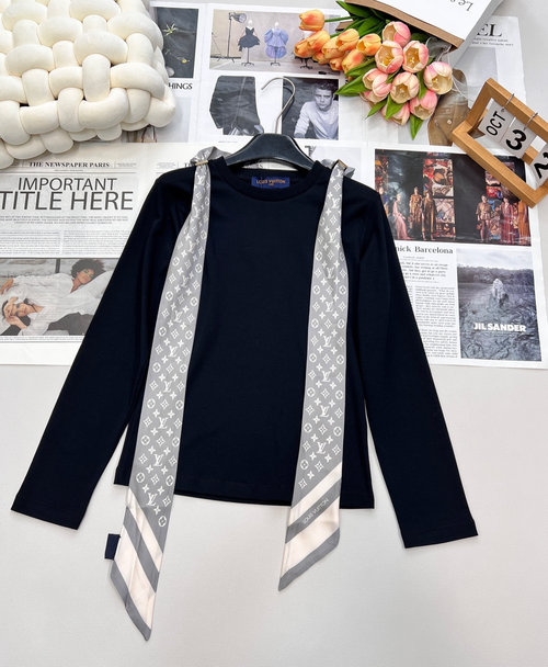 Louis Vuitton Custom Cotton Long Sleeve Top Decorated with Silk Scarf, Elegant Style