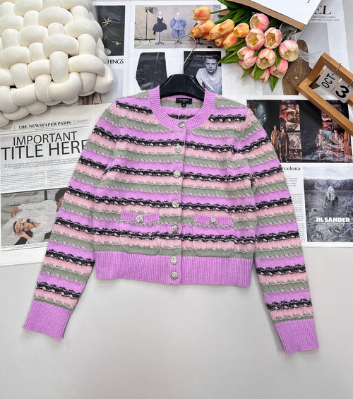 Chanel Knitted Open-Front Cardigan with Colorful Stripes and Branded Buttons