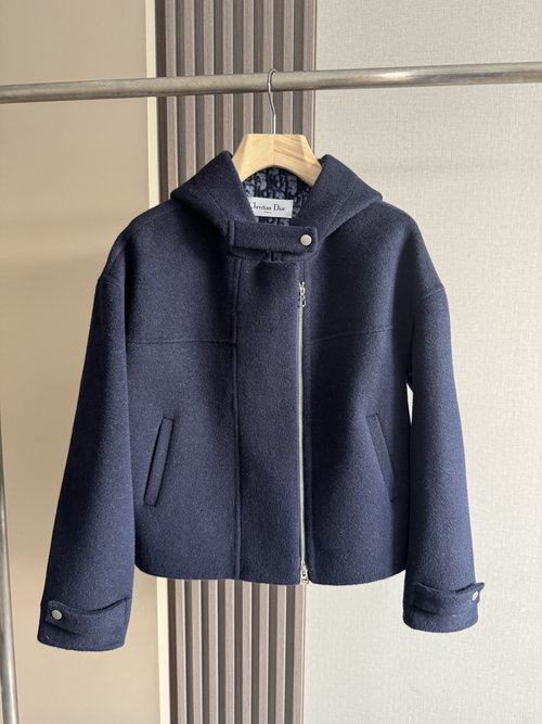 Dior Premium Navy Blue Wool Hooded Short Outerwear with Dust Bag