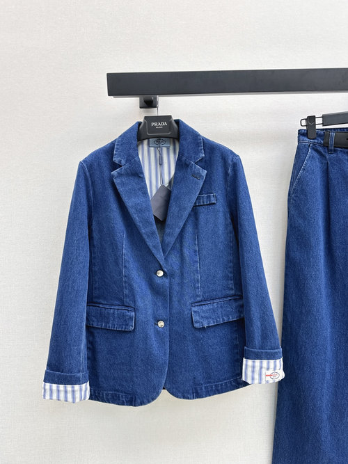 Prada Popular Loose-fit Denim Suit with Belt Decoration