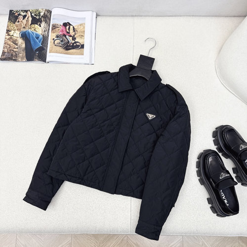Prada Double-sided Diamond Quilted Short Coat with Metal Triangle Logo