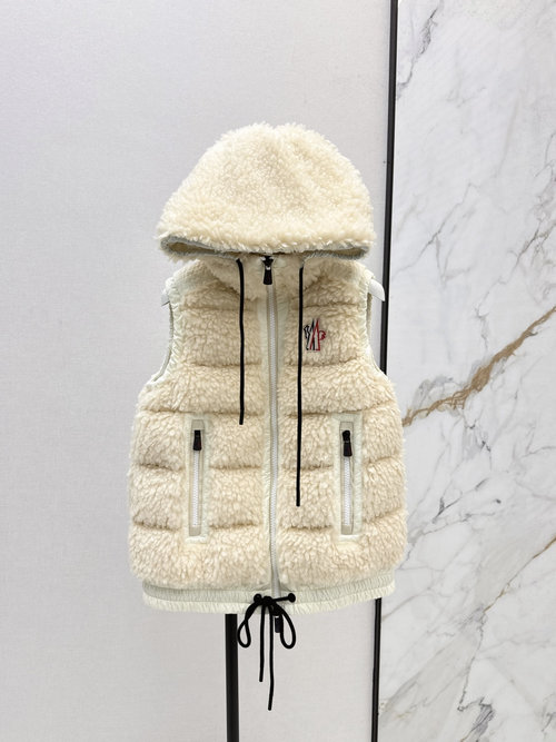 Moncler Ski Series Faux Lamb Fur Down Vest, Double Zipper Soft Fabric