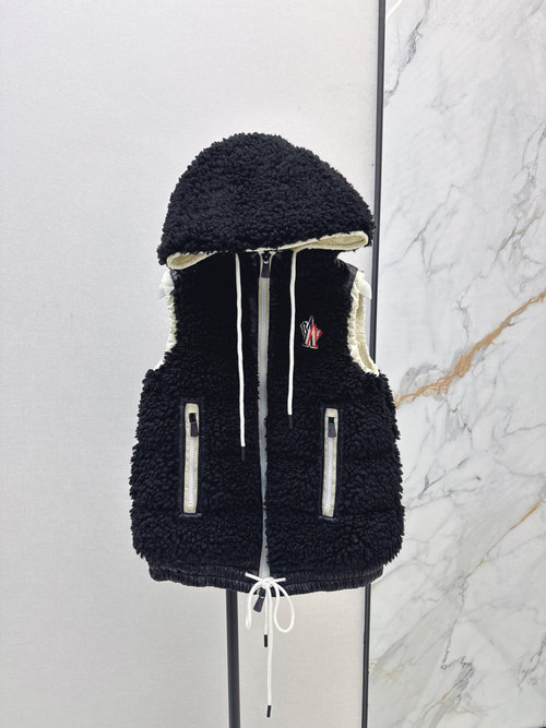 Moncler Ski Series Faux Lamb Fur Down Vest, Double Zipper Soft Fabric