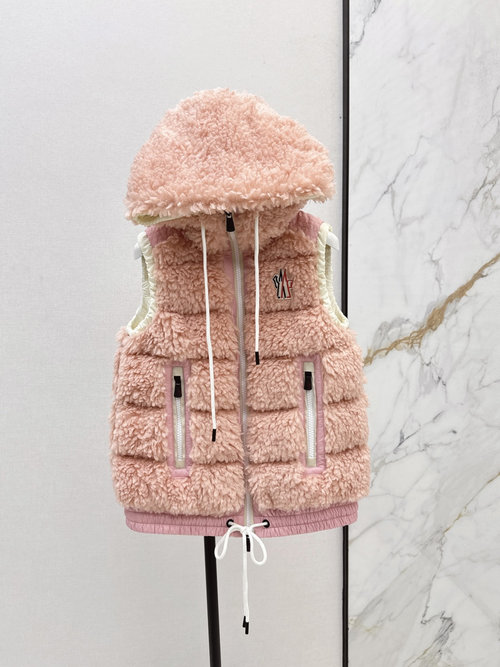 Moncler Ski Series Faux Lamb Fur Down Vest, Double Zipper Soft Fabric