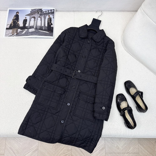 Dior Diana Quilted Long Collared Belted Coat, Elegant and Slimming