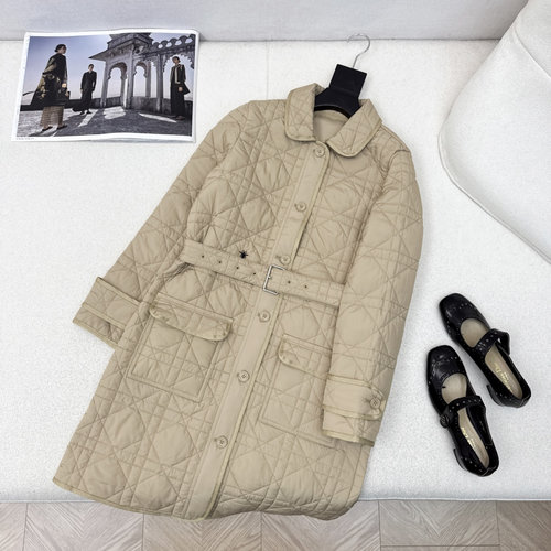 Dior Tengge Patterned Quilted Collared Long Coat with Belt