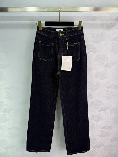Chanel High-Waisted Denim Trousers with Logo, Suitable for All Body Types