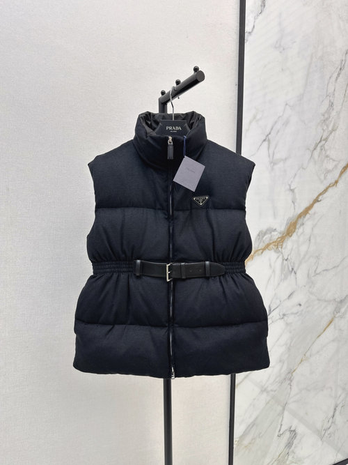 Prada Collar-Belted Woolen Down Vest with Logo for Classic Street Style