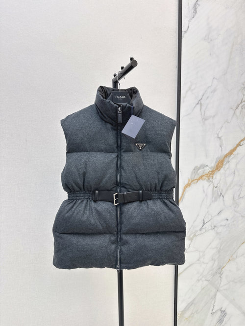 Prada Collar-Belted Woolen Down Vest with Logo for Classic Street Style