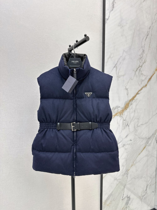 Prada Collar-Belted Woolen Down Vest with Logo for Classic Street Style