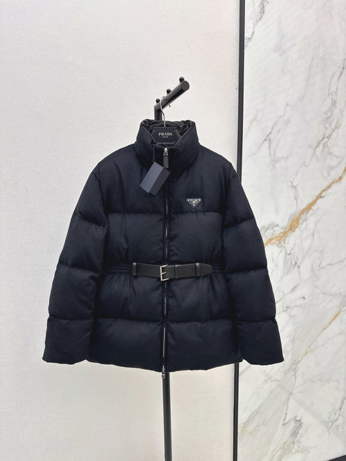 Prada Collar-Belted Woolen Down Jacket with Logo for Sophisticated Layering