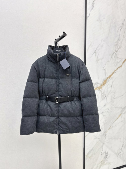 Prada Collar-Belted Woolen Down Jacket with Logo for Sophisticated Layering
