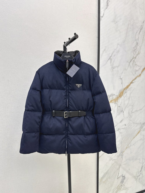 Prada Collar - Belted Woolen Down Jacket with Logo for Stylish Layering