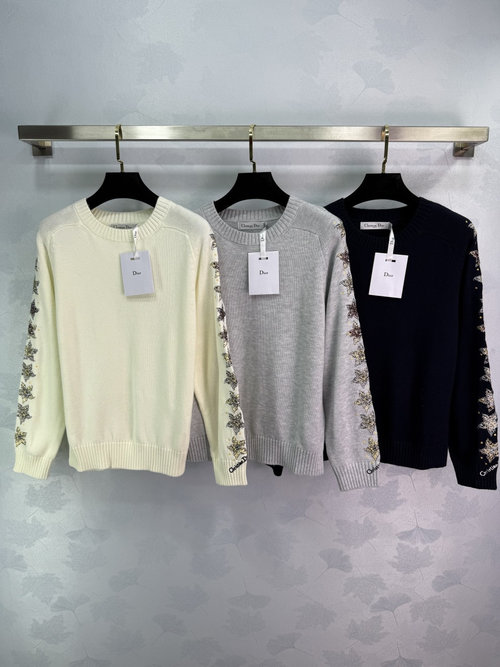 Dior Floral Design Round-Neck Sleeve Embroidered Knit Sweater