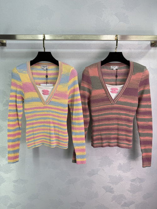 Chanel Striped Knit Long-Sleeve with Double C Logo, Retro and Stylish