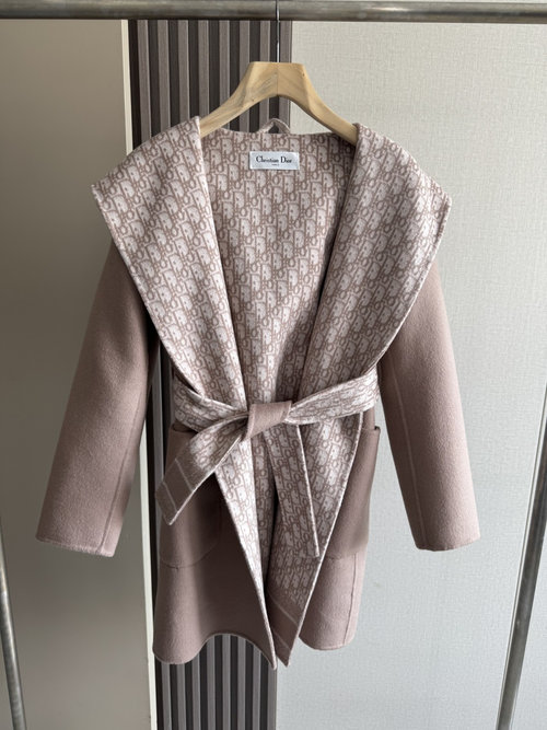 Dior Elegant Pink Hooded Medium-long Outerwear with Dust Bag