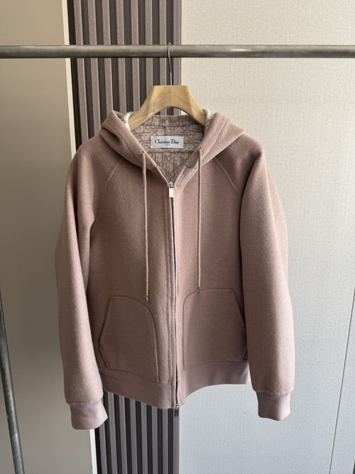 Dior Elegant Pink Hooded Zip-up Short Outerwear with Dust Bag