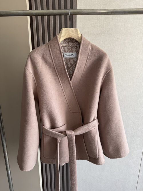 Dior Elegant Pink V-neck Short Outerwear with Dust Bag
