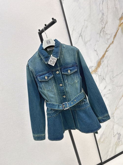 Loewe Denim Jacket with Belt Design and Back Logo Patch, Relaxed Style