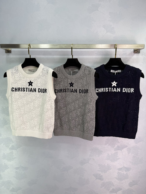 Dior Star-Embroidered Knit Vest with Delicate Lace Design