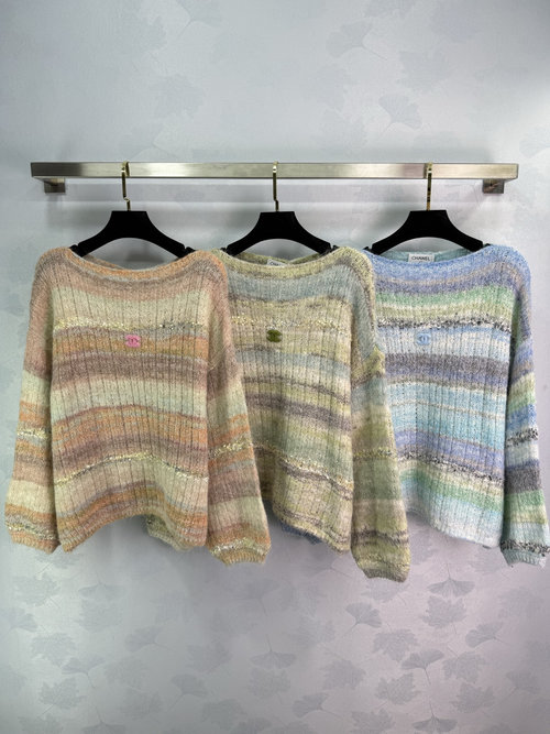 Chanel Striped Knit Top with Double C Logo, Displaying Gentle Elegance