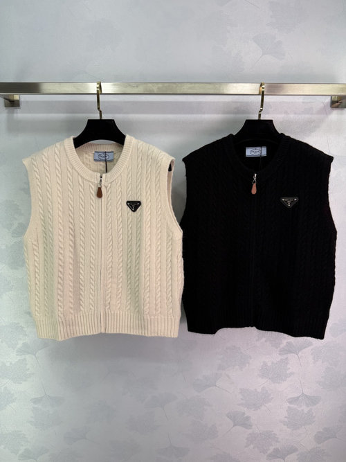 Prada Round - Neck Knit Vest with Twisted Pattern and Triangle Emblem